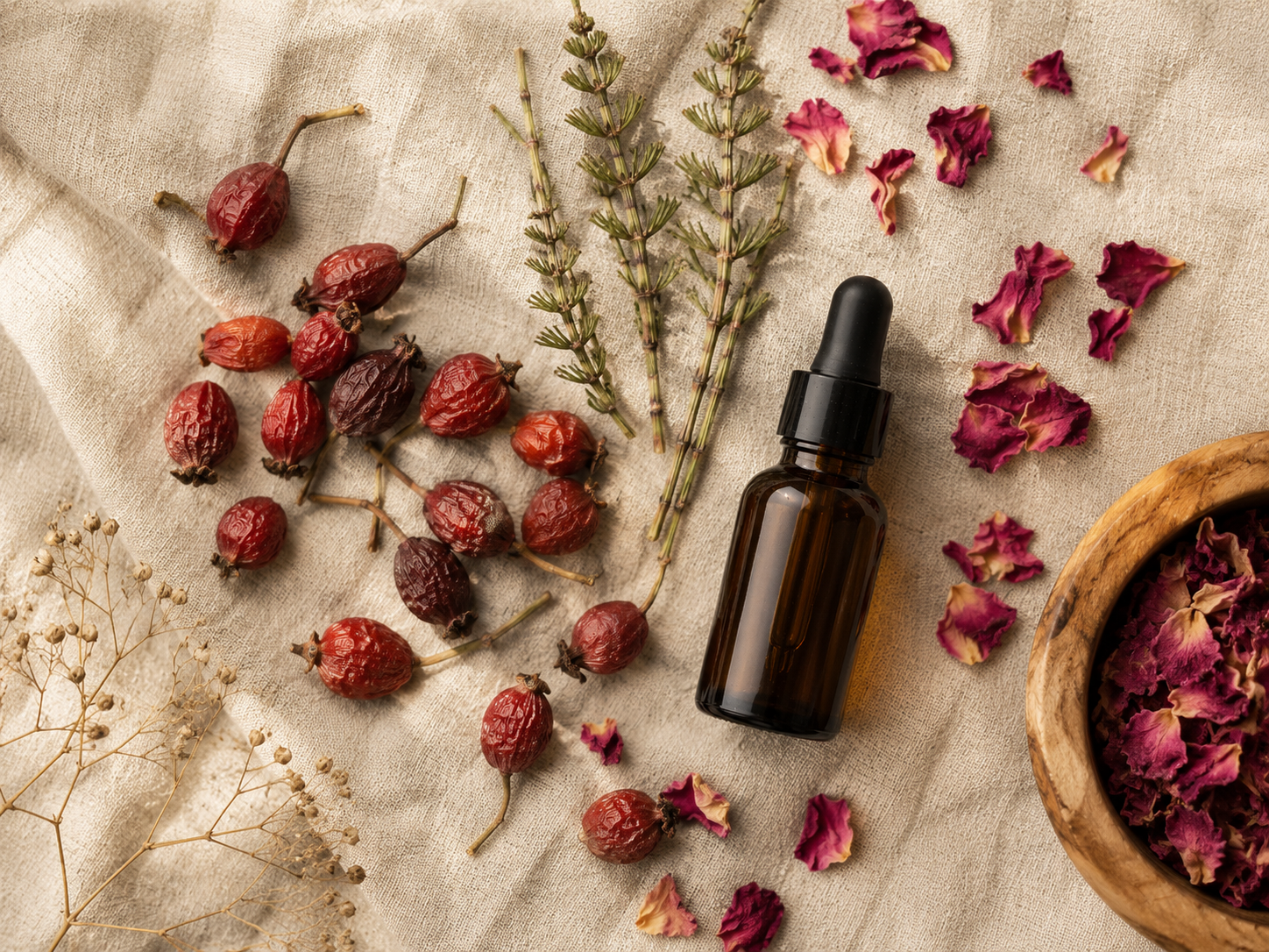 Natural organic ingredients — rosehip, horsetail, rose petals