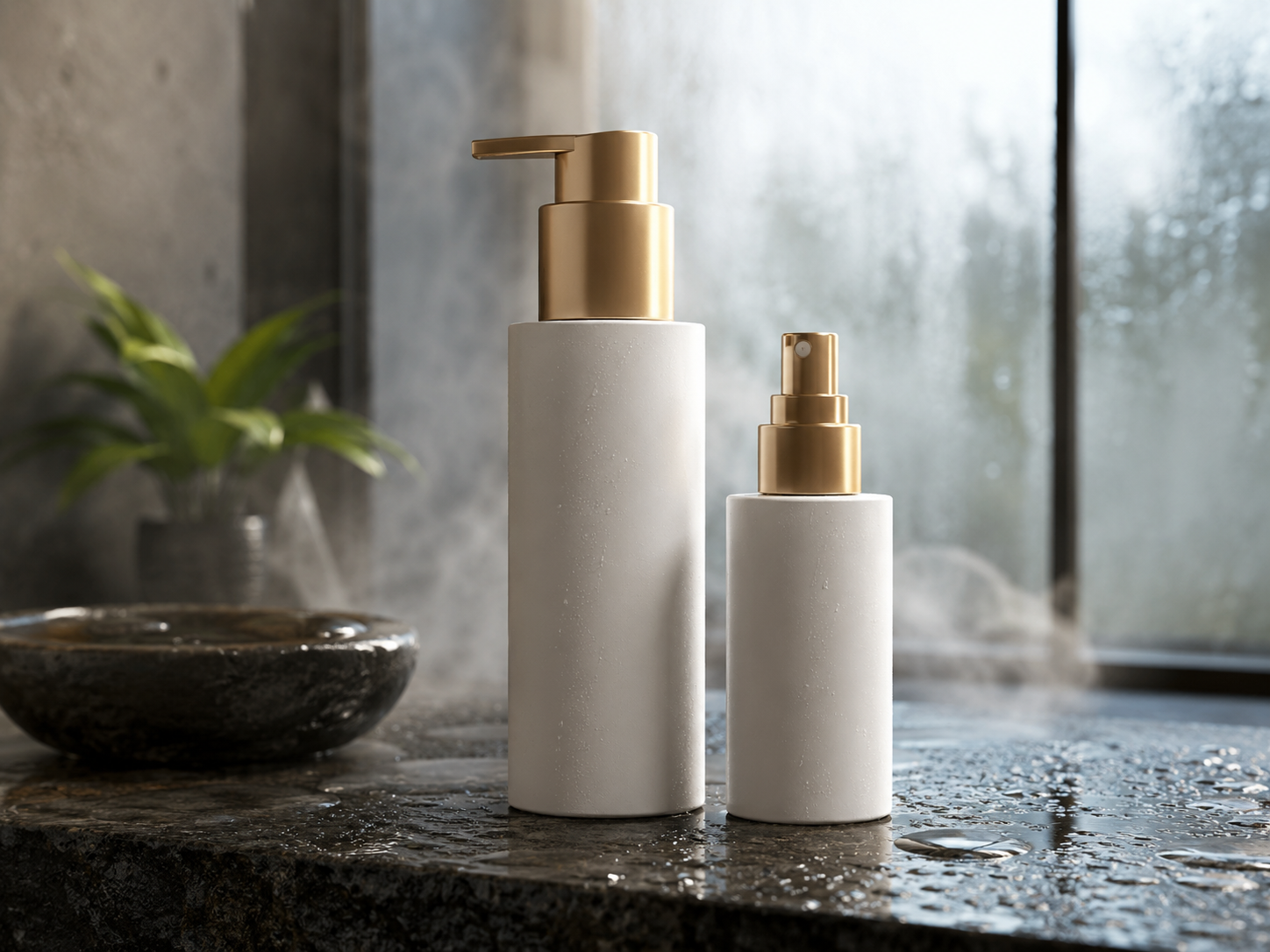 Premium organic cosmetic bottles in spa environment