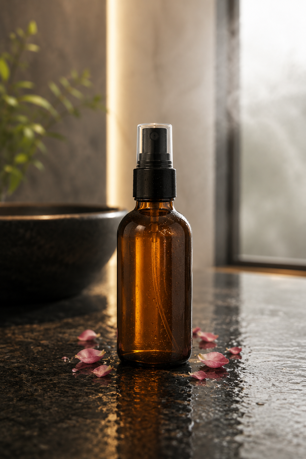 Luxury hotel bathroom with organic cosmetics